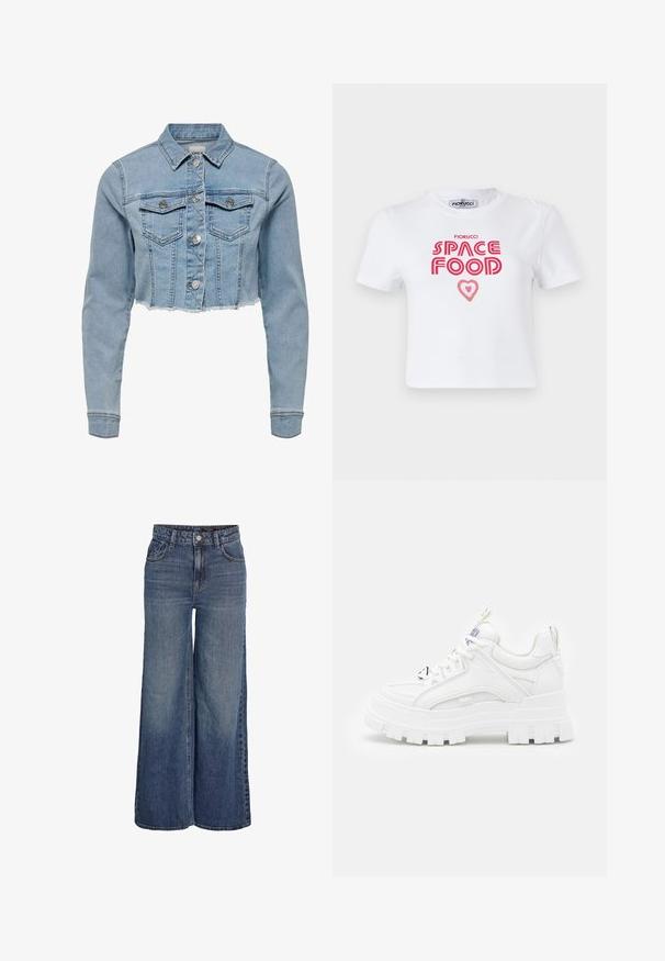Unverkürzt geschnittene Jeansjacke in Hellblau. Sie verfügt über einen klassischen Kragen, eine durchgeknöpfte Vorderseite, zwei Brusttaschen und einen ausgefransten Saum. Hergestellt aus weicher Baumwolle.; Weißes Baumwoll-T-Shirt mit rotem grafischem Text, der "SPACE FOOD" mit einem Herzakzent liest, kurze Ärmel und Rundhalsausschnitt.; Hochtaillierte, weit geschnittene blaue Jeans aus Denim mit vorderer Knopfleiste, Reißverschluss, Gürtelschlaufen und vorderen Taschen, dargestellt auf weißem Hintergrund.; Weiße klobige Sneakers mit einer strukturierten Oberseite, gepolstertem Schaft und dicker, gerippter Sohle. Verfügt über kontrastierende schwarze Schnürsenkel und Branding-Details.