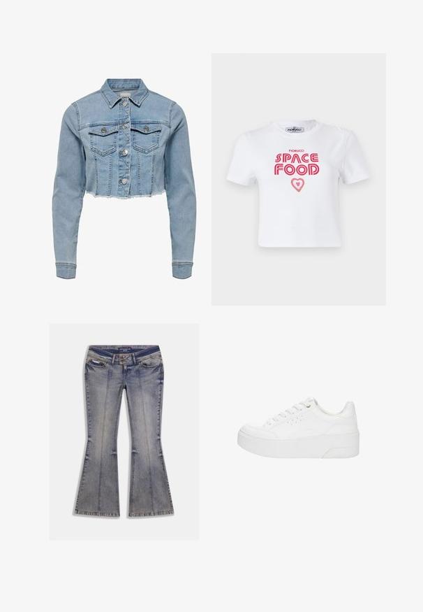 Unverkürzt geschnittene Jeansjacke in Hellblau. Sie verfügt über einen klassischen Kragen, eine durchgeknöpfte Vorderseite, zwei Brusttaschen und einen ausgefransten Saum. Hergestellt aus weicher Baumwolle.; Weißes Baumwoll-T-Shirt mit rotem grafischem Text, der "SPACE FOOD" mit einem Herzakzent liest, kurze Ärmel und Rundhalsausschnitt.; Schlagjeans aus hellblauem Denim mit ausgewaschenen Flecken, Taschen vorne und kontrastierenden Nähten. Mit Reißverschluss und gebrandetem Bund.; Weißer Plateau-Sneaker mit Schnürung vorne, perforierten Seitendetails und dicker Sohle, von der Außenseite vor weißem Hintergrund gezeigt.