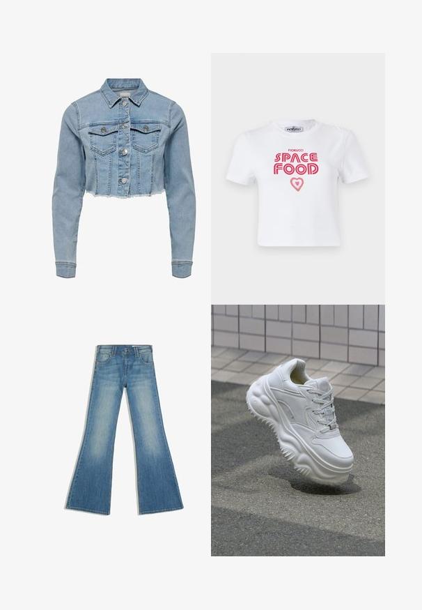 Unverkürzt geschnittene Jeansjacke in Hellblau. Sie verfügt über einen klassischen Kragen, eine durchgeknöpfte Vorderseite, zwei Brusttaschen und einen ausgefransten Saum. Hergestellt aus weicher Baumwolle.; Weißes Baumwoll-T-Shirt mit rotem grafischem Text, der "SPACE FOOD" mit einem Herzakzent liest, kurze Ärmel und Rundhalsausschnitt.; Blaue Denim-Jeans mit ausgestelltem Bein, Vordertaschen und Knopfverschluss, gezeigt vor weißem Hintergrund.; Weiße Leder-Sneaker mit einer massiven Sohle, strukturierten Details und Schnürverschluss. Verfügt über geformte Akzente und eine glatte Oberfläche.