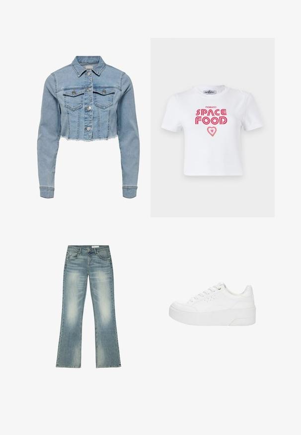 Kort denim jack in lichtblauw. Beschikt over een klassieke kraag, knopenlijst aan de voorkant, twee borstzakken en een rafelige zoom. Gemaakt van zachte katoen.; Witte katoenen t-shirt met rode grafische tekst die "SPACE FOOD" leest met een hartaccent, korte mouwen en een ronde hals.; Blauwe vergeelde jeans met rechte pijpen, knoop en rits aan de voorkant, riemlussen en vijf zakken, plat gelegd op een witte achtergrond.; Witte plateau sneaker met veters aan de voorkant, geperforeerde zijkanten en dikke zool, weergegeven vanaf de buitenkant op een witte achtergrond.