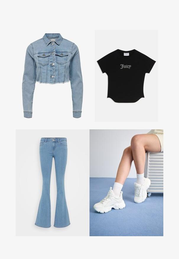 Beskarvet denimjakke i lys blå. Har en klassisk krave, knaplukning foran, to brystlommer og frynset kant. Fremstillet af blød bomuld.; Sort kortærmet T-shirt med rund bund og raglanærmer. Har pyntet "Juicy" tekst i rhinsten på forsiden.; Lyseblå flagrende jeans lavet af denim, med en standard talje, fem lommer og en glat tekstur uden synlige mønstre.; Hvide snøre-sneakers med en chunky sål, der har glat syntetisk materiale, teksturerede detaljer og en løkke på hælen.