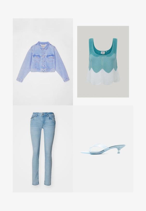 Lys blå cropped denimjakke med knaplukning, to brystlommer og kontraststing, med klassisk krave og lange ærmer.; Strikket tanktop med et bølgemønster i gradient nuancer af teal og hvid. Rund halsudskæring, uden ærmer, let tekstur.; Lyseblå skinny jeans lavet af denim med fem lommer, bæltestropper og lukning med knap foran. Glat tekstur med let falming.; Klar sandal med lav hæl, gennemsigtige remme og en slank, let buet hæl på en hvid baggrund.