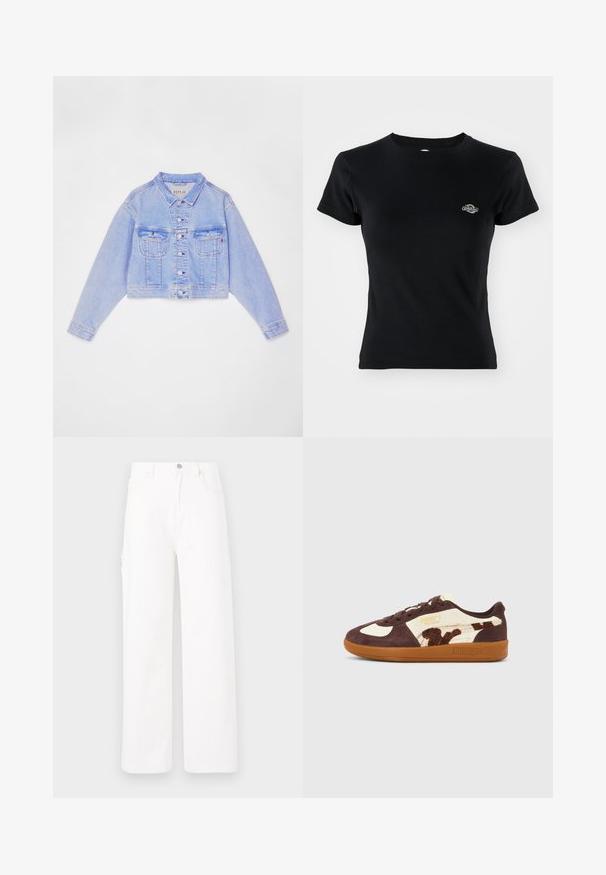 Lys blå cropped denimjakke med knaplukning, to brystlommer og kontraststing, med klassisk krave og lange ærmer.; Sort ribbet T-shirt med rund halsudskæring og korte ærmer, med et lille broderet logo på venstre brystområde.; Hvide denimbukser med bred ben design, klassisk fem-lomme stil og en ensfarvet overflade uden mønstre eller udsmykninger.; Brun og cremefarvet Puma Palermo-sneaker med gummisål og dyreprintdetalje på siden, vist i profil på neutral baggrund.