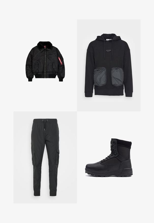 Schwarze Bomberjacke mit Pelzkragen, Frontreißverschluss, zwei Klappentaschen mit Druckknöpfen, gerippten Bündchen und Saum sowie einem roten "Remove Before Flight"-Etikett am Ärmel.; Schwarzer Kapuzenpullover mit lässiger Passform, ausgestattet mit zwei großen Reißverschlusstaschen aus glänzendem Material auf der Vorderseite. Kleines Logopatch über den Taschen.; Schwarze Cargo-Hosen aus leichtem Stoff, mit einem verstellbaren Kordelzugbund, elastischen Bündchen und zwei Seitentaschen.; Schwarzer taktischer Stiefel mit einem glatten Lederoberteil und Stoffpaneelen, hoher Knöchelgestaltung, schnürbarem vorderen Teil und robustem Gummisohle.