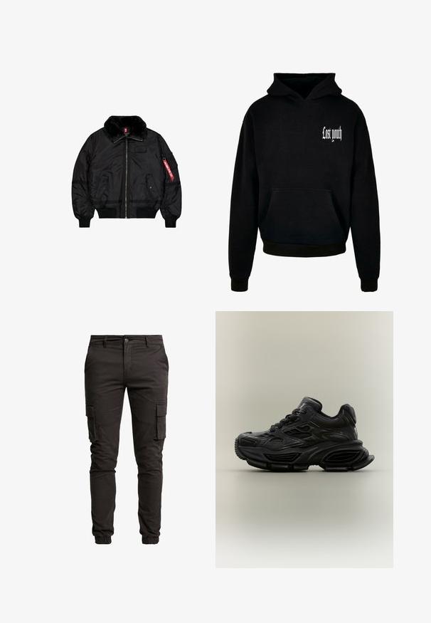 Chaqueta bomber negra con cuello de piel, cremallera frontal, dos bolsillos con solapa y cierre de presión, puños y bajo acanalados, y una etiqueta roja "Remove Before Flight" en la manga.; Sudadera negra con capucha y bolsillo frontal, que presenta el texto blanco "Juventud perdida" en la esquina superior izquierda. Material de mezcla de algodón.; Pantalones cargo negros de mezcla de algodón, con bolsillos laterales, puños elásticos, cierre de botón y una textura suave y mate.; Zapatilla deportiva negra y gruesa con diseño texturizado, suela gruesa y cierre de cordones mostrada sobre un fondo neutro y sencillo.