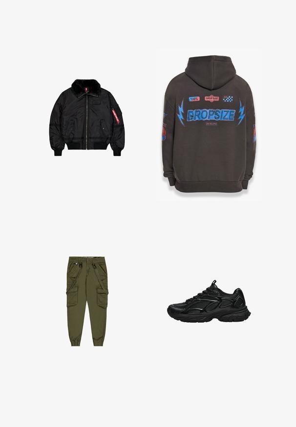 Schwarze Bomberjacke mit Pelzkragen, Frontreißverschluss, zwei Klappentaschen mit Druckknöpfen, gerippten Bündchen und Saum sowie einem roten "Remove Before Flight"-Etikett am Ärmel.; Dunkelgrauer Hoodie mit großem blauen "DROPSIZE"-Text und bunten Grafiken. Mit Kapuze, gerippten Bündchen und verschiedenen aufgedruckten Patches.; Olivgrüne Cargo-Hosen mit verstellbaren Trägern, mehreren Fronttaschen, elastischen Bündchen und einem strapazierfähigen Stoff. Mit Metallbeschlägen als Akzent.; Schwarzer Sportschuh mit Mesh- und synthetischem Obermaterial, dicker gepolsterter Sohle und Schnürverschluss, seitlich auf weißem Hintergrund gezeigt.