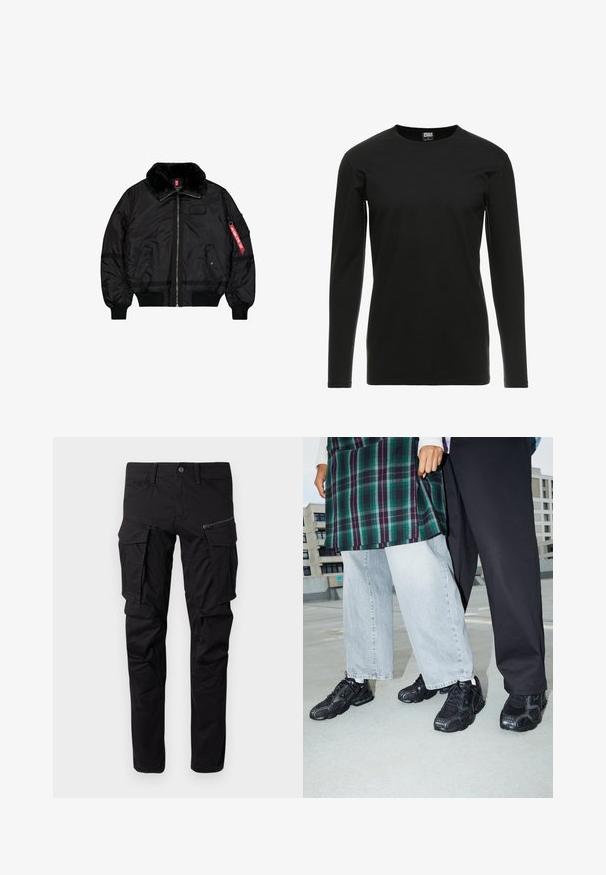 Sort bomberjakke med pelskrave, lynlås foran, to lommer med klap og trykknapper, ribstrikkede manchetter og kant samt et rødt "Remove Before Flight" mærke på ærmet.; Urban Classics STRETCH TERRY - Langærmet T-shirt - black; Sorte cargo bukser lavet af slidstærkt stof, med flere sidelommer, en lynlåslomme, tapered ben og forstærkede sømme.; Sorte atletik sko med mesh- og gummidetaljer. Båret med lysegrå vide jeans og en ternet grøn bluse. Flad overflade i baggrunden.