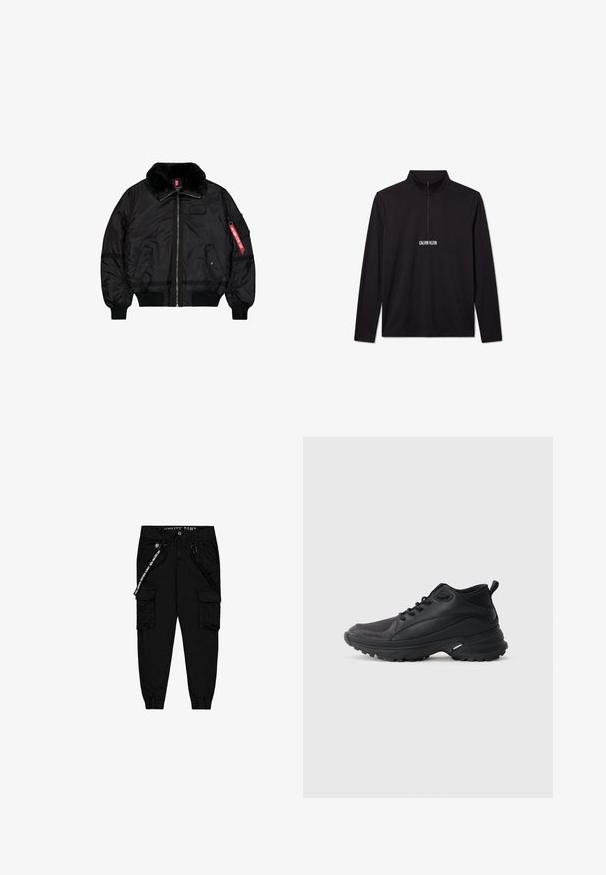 Schwarze Bomberjacke mit Pelzkragen, Frontreißverschluss, zwei Klappentaschen mit Druckknöpfen, gerippten Bündchen und Saum sowie einem roten "Remove Before Flight"-Etikett am Ärmel.; Schwarzer Langarm-Pullover von Calvin Klein mit Viertel-Reißverschluss und weißem Logo auf der Brust.; Schwarze Cargo-Hose aus leichtem Stoff, mit zwei Seitentaschen, einem elastischen Bund und verstellbaren Beinabschlüssen.; Schwarze Sportschuhe aus synthetischem Material. Ausgestattet mit einem gepolsterten Kragen, einer runden Spitze, einer robusten Laufsohle mit Profil und einem Markenlogo.