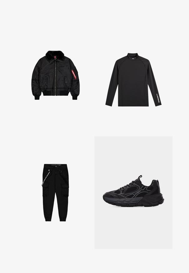 Chaqueta bomber negra con cuello de piel, cremallera frontal, dos bolsillos con solapa y cierre de presión, puños y bajo acanalados, y una etiqueta roja "Remove Before Flight" en la manga.; Camiseta negra deportiva de manga larga con cuello alto falso, corte ajustado y logo blanco "J.Lindeberg" en la manga izquierda y el cuello.; Pantalones cargo negros de tela ligera, con dos bolsillos laterales, una cinturilla elástica y puños ajustables en los tobillos.; Zapatilla deportiva negra con detalles de malla y cuero, suela gruesa, con las marcas "ICEBERG" y "1974", y tiradores en la lengüeta y el talón.