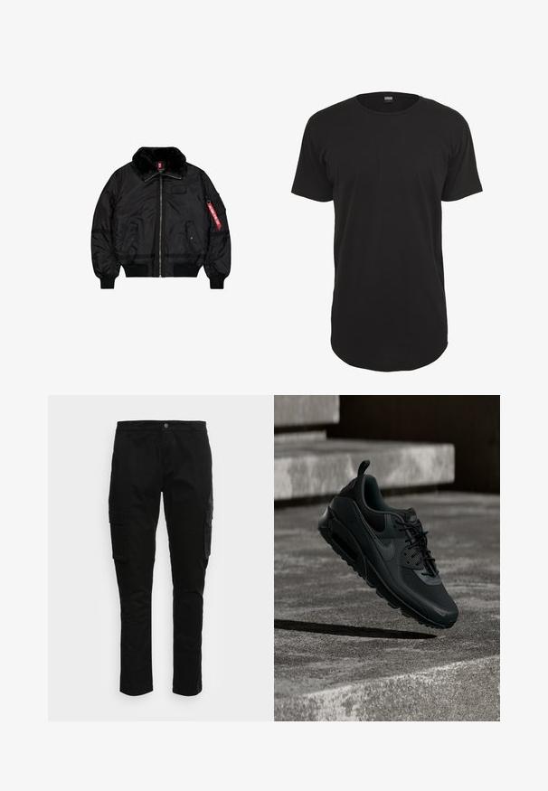 Chaqueta bomber negra con cuello de piel, cremallera frontal, dos bolsillos con solapa y cierre de presión, puños y bajo acanalados, y una etiqueta roja "Remove Before Flight" en la manga.; Camiseta negra de manga corta hecha de algodón. Presenta un cuello redondo y un corte recto con un dobladillo trasero ligeramente más largo. Textura suave.; Pantalones cargo negros con un corte ajustado, fabricados en material de algodón. Presenta múltiples bolsillos laterales y un cierre frontal con un solo botón.; Zapatilla Nike Air Max negra suspendida en el aire sobre un suelo de hormigón texturizado con escalones de hormigón al fondo.