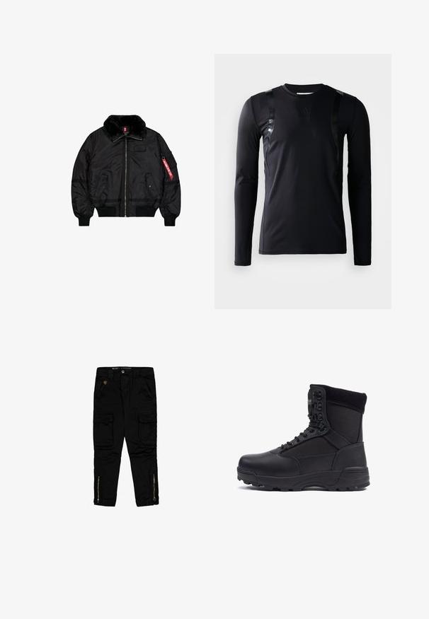 Čierna bomber bunda s kožušinovým golierom, predným zipsom, dvoma kapsami s klopami na cvoky, rebrovanými manžetami a lemom, a červenou štítkou "Remove Before Flight" na rukáve.; Čierna športová košeľa s dlhým rukávom vyrobená z hladkej, elastickej látky. Obsahuje lesklé čierne akcenty na pleciach a logo Adidas na hrudi.; Čierne cargo nohavice vyrobené z bavlny, s bočnými vreckami, zipsovými detailmi na členkoch a regular-fit strihom.; Čierna taktická bootka s hladkým koženým zvrškom a textilnými panelmi, vysoký dizajn nad členkami, šnurovanie vpredu a robustná gumová podrážka.