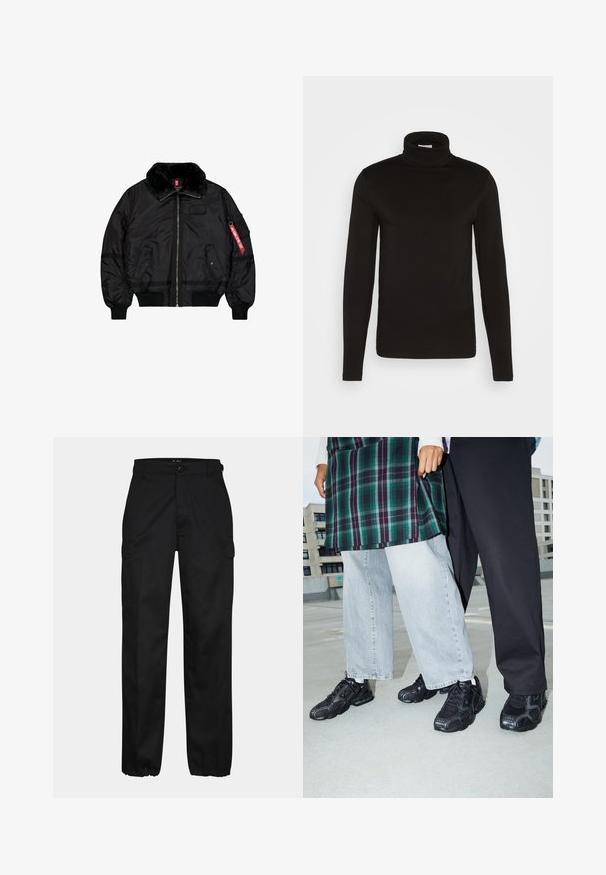 Schwarze Bomberjacke mit Pelzkragen, Frontreißverschluss, zwei Klappentaschen mit Druckknöpfen, gerippten Bündchen und Saum sowie einem roten "Remove Before Flight"-Etikett am Ärmel.; Schwarz, langärmliges Turtleneck-Shirt aus einem glatten Stoff mit figurnaher Passform und hohem, enganliegendem Kragen. Keine sichtbaren Muster oder Akzente.; Schwarze Cargo-Hosen mit geradem Schnitt, ausgestattet mit Seitentaschen, einem Knopfverschluss und elastischen Bündchen an den Knöcheln. Hergestellt aus strapazierfähigem Material.; Schwarze Sportschuhe mit Mesh- und Gummielementen. Kombiniert mit hellgrauen weiten Jeans und einem karierten grünen Oberteil. Flacher Hintergrund.