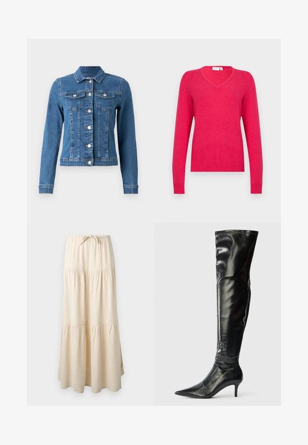Denim takki, joka on vaaleansininen, napit edessä, kaksi rintataskua ja pitkät hihat, joissa on tiukat hihansuut. Kulunut pinta tietyillä alueilla.; V-pääntie neuletakki kirkkaanpunaisena, pehmeästä materiaalista valmistettu. Pitkät hihat, joissa resorit kalvosimissa ja helmassa istuvan ilmeen luomiseksi. Minimalistinen muotoilu.; Beige värillinen kerroksittain laskeutuva maksihame, jossa on joustava vyötärönauha ja kiristysnauha, ja joka on valmistettu laskevasta, kerätystä kankaasta.; Polvim korkealle ulottuvat mustat nahkasaappaat, joissa on kiiltävä pinta, teräväkärkiset ja kapeat stiletto-korkokengät. Ominaisuuksiin kuuluu tiukasti istuva yläosa, jossa on ompeluysityksiä.