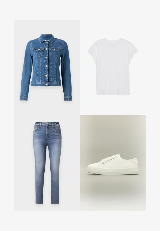 Denimjakke i lys blå farve, knaplukning foran, to brystlommer og lange ærmer med tætsiddende manchetter. Slidt tekstur i visse områder.; Hvid kortærmet t-shirt med rund hals, afslappet pasform, lavet af blødt bomuldsstof. Glat tekstur, ingen mønstre eller logoer.; Lyseblå højtaljede jeans med slim fit, der har fem lommer og lynlås, lavet af denim med en glat tekstur.; Hvid lavtop sneaker med hvide snørebånd og gummisål vist fra siden på en neutral baggrund.