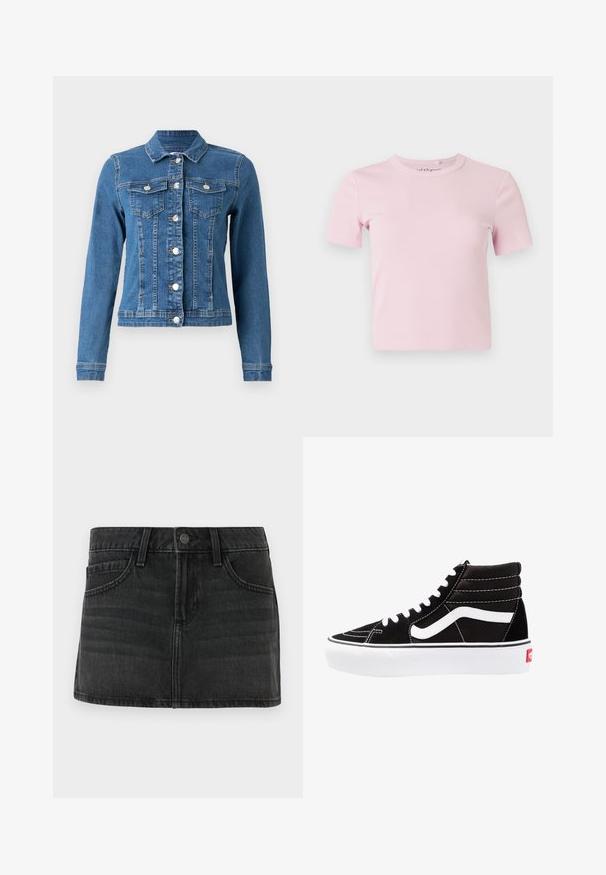 Denimjakke i lys blå farve, knaplukning foran, to brystlommer og lange ærmer med tætsiddende manchetter. Slidt tekstur i visse områder.; Lyserød kortærmet, ribstrikket t-shirt med rund halsudskæring og en tætsiddende pasform. Stoffet har en blød tekstur og sparsomme detaljer.; Sorte denimskørt med en tætsiddende design, fem lommer og en talje. Har en metalknaplukning og subtile falmede detaljer.; Sorte høj-top sneakers med hvide snørebånd, et hvidt logo og kontrasterende hvid syning. Har en tyk hvid sål og struktureret ruskindsoverdel.