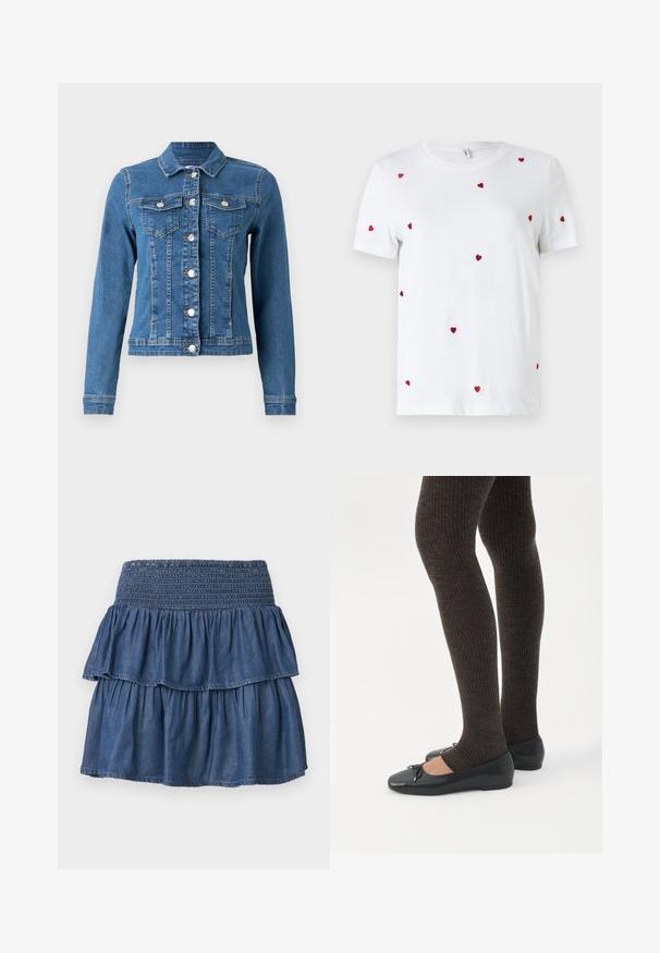 Jeansjack in lichtblauwe kleur met knopen aan de voorkant, twee borstzakken en lange mouwen met aansluitende manchetten. Versleten textuur op bepaalde plekken.; Witte katoenen t-shirt met verspreide rode geborduurde hartjes. Klassieke ronde hals en korte mouwen. Eenvoudig, modern ontwerp.; Blauwe gelaagde denimrok met brede geplooide tailleband en twee geplooide lagen op een effen achtergrond.; Benen met donkere geribbelde leggings gecombineerd met zwarte ballerina's met kleine strikdetails op een witte achtergrond.