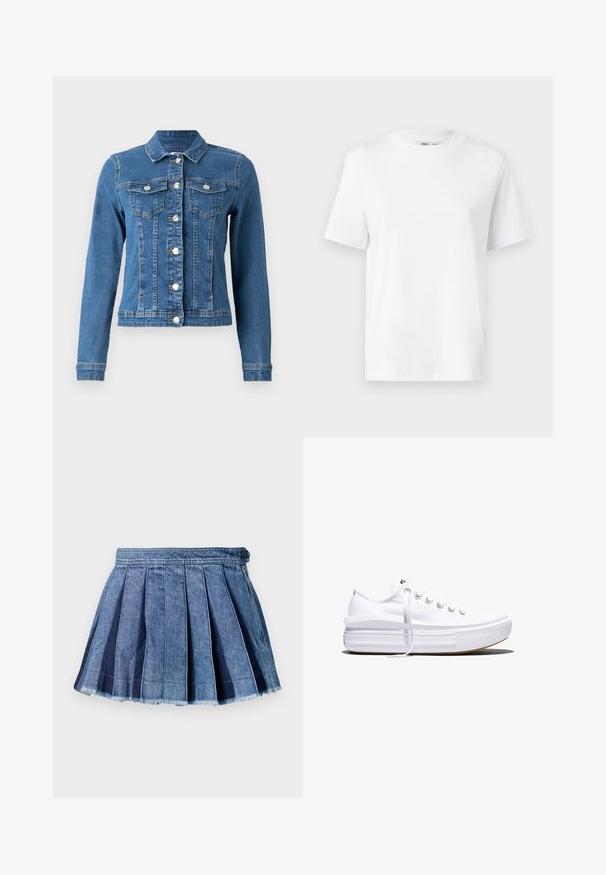 Jeansjack in lichtblauwe kleur met knopen aan de voorkant, twee borstzakken en lange mouwen met aansluitende manchetten. Versleten textuur op bepaalde plekken.; Witte katoenen T-shirt met ronde hals, korte mouwen en een gladde textuur. Ontworpen met een comfortabele en veelzijdige relaxte pasvorm.; Blauwe denim geplooide minirok met een knoop- en zijritsluiting, met een rafelige zoomdetail.; Witte lage canvas sneaker met dikke plateauzool, veters aan de voorkant en rubberen toeskap met structuur, zijaanzicht.