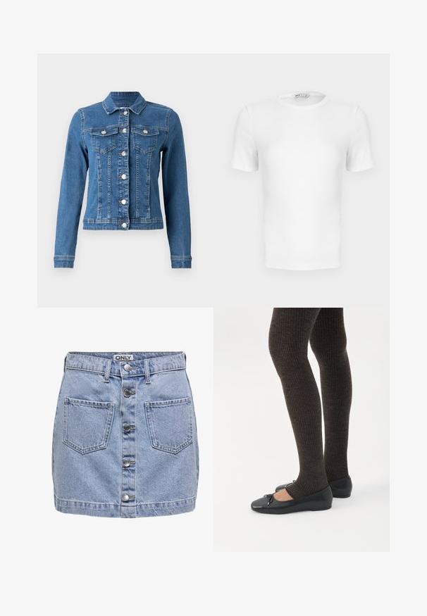 Jeansjack in lichtblauwe kleur met knopen aan de voorkant, twee borstzakken en lange mouwen met aansluitende manchetten. Versleten textuur op bepaalde plekken.; Witte korte mouwen geribde T-shirt met een ronde hals, een aangesloten pasvorm en een klein merklabel aan de binnenkant van de kraag.; Lichtblauwe denimminirok met vijf knopen aan de voorkant, twee opgestikte zakken en een iets versleten textuur. Etiket zegt "ONLY."; Benen met donkere geribbelde leggings gecombineerd met zwarte ballerina's met kleine strikdetails op een witte achtergrond.