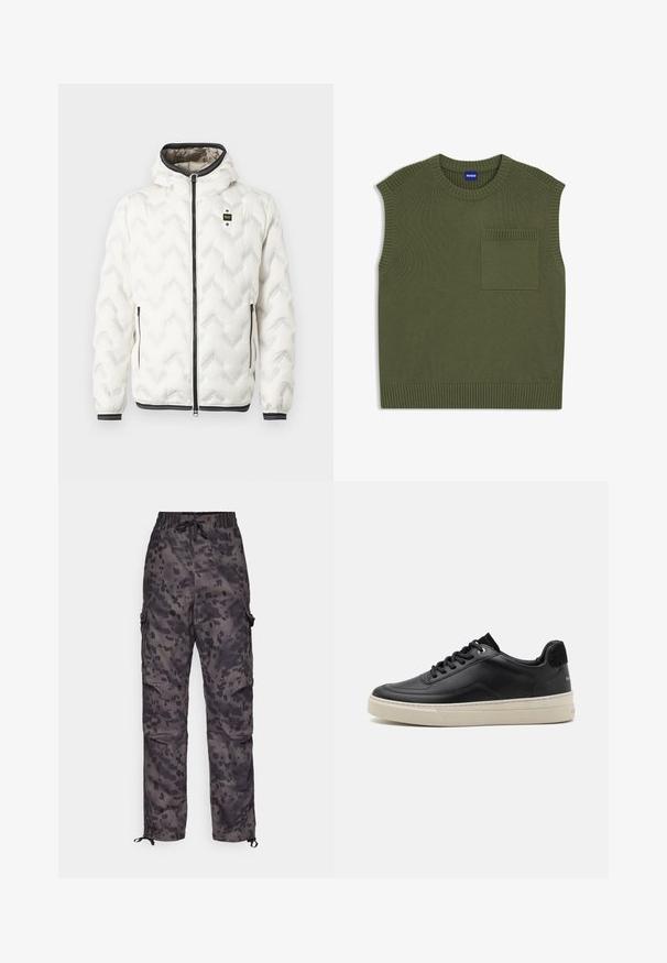Chaqueta acolchada blanca con capucha, que presenta un patrón de rombos en zigzag, cremallera negra y puños con rayas blancas. Diseño ligero y aislante.; Top sin mangas de punto en verde oliva con cuello y dobladillo acanalados. Cuenta con un bolsillo parche en el lado izquierdo. Hecho de tela suave.; HUGO GARLO - Pantalones cargo - dark grey; Zapatilla de cuero negra con un perfil bajo, que presenta una suela de goma color crema, punta redonda y diseño de cordones, acentuada con un talón de ante negro.