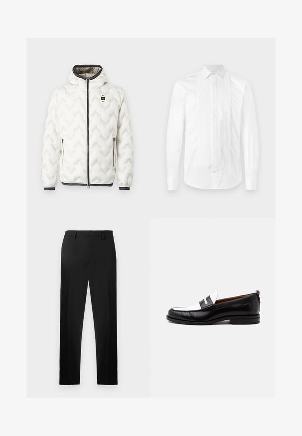 Chaqueta acolchada blanca con capucha, que presenta un patrón de rombos en zigzag, cremallera negra y puños con rayas blancas. Diseño ligero y aislante.; Camisa blanca de manga larga hecha de tela suave, con pliegues verticales en el frente, un cuello estándar y cierre de botones.; Pantalones de vestir negros fabricados en una tela suave, con un diseño de pierna recta, pliegues delanteros y un cierre de botón en la cintura.; Mocasín de cuero blanco y negro con detalles cosidos, tacón bajo y diseño tipo slip-on, mostrado de lado sobre un fondo liso.