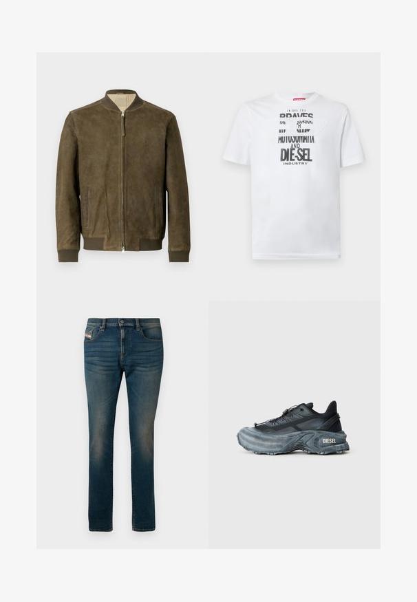Brun læder bomberjakke med lynlås, ribbede manchetter og sidelommer. Har en glat tekstur og subtil branding på brystet.; Hvid bomulds-T-shirt med fed sort typografi med ordene "BRAVES" og "DIE-SEL INDUSTRY" samt et semi-transparent udskåret design.; Mørkeblå jeans lavet af denim, med fem lommer, en knaplukning og let falming langs lårerne for et slidt udseende.; Sort og grå Diesel sneakers med tyk sål, snørrebåndslukning og tekstureret design på en ensfarvet lysegrå baggrund.