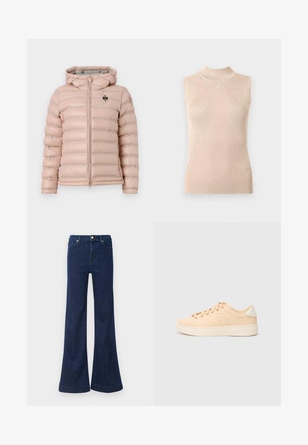 Lichtroze pufferjack met capuchon, met horizontale gestikte secties, een voorrits en een klein logo op de linkerborst.; Mouwloze top met hoge hals in zacht beige geribd breisel. Heeft een subtiele glans, een aansluitend model en een klein logo-accent bij de halslijn.; Donkerblauwe uitlopende jeans van denim, met een hoge taille, subtiele slijtage en gouden hardware op de voorzakken en sluiting.; Beige sneaker met een gladde, matte textuur, ronde neus en vetersluiting aan de voorkant. Heeft een contrasterende witte hiel en subtiele branding aan de zijkant.