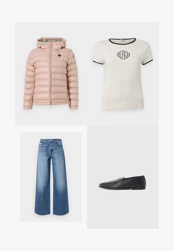 Lichtroze pufferjack met capuchon, met horizontale gestikte secties, een voorrits en een klein logo op de linkerborst.; Beige t-shirt met korte mouwen en marineblauwe rand. Voorzien van "HILFIGER" in zwarte cursieve letters op de voorkant. Zacht katoenen materiaal.; Blauwe wijde denim jeans met vooraan een knoop en rits, vijfzakkenmodel en subtiele vervaagde details op de dijen en knieën.; Zwarte leren loafers met een gladde textuur, een afgeronde neus en subtiele stiksel details. Voorzien van een gouden logomerk aan de bovenzijde.