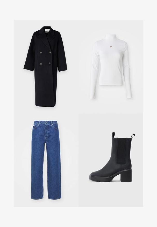 IVY OAK IO CLARA - Klassisk frakke - navy blue; Langærmet, hvid turtleneck-top lavet af ribbet materiale. Har et lille broderet logo i midten. Tæt pasform uden mønstre.; Blå denim bred-benede jeans med høj talje, med lynlås og knaplukning, bæltestropper og subtilt falmet detaljer på stoffet.; Sorte ankelstøvler i glat gummimateriale, med elastiske sidepaneler, blokhæle og trækskilt øverst for nem påtagning.