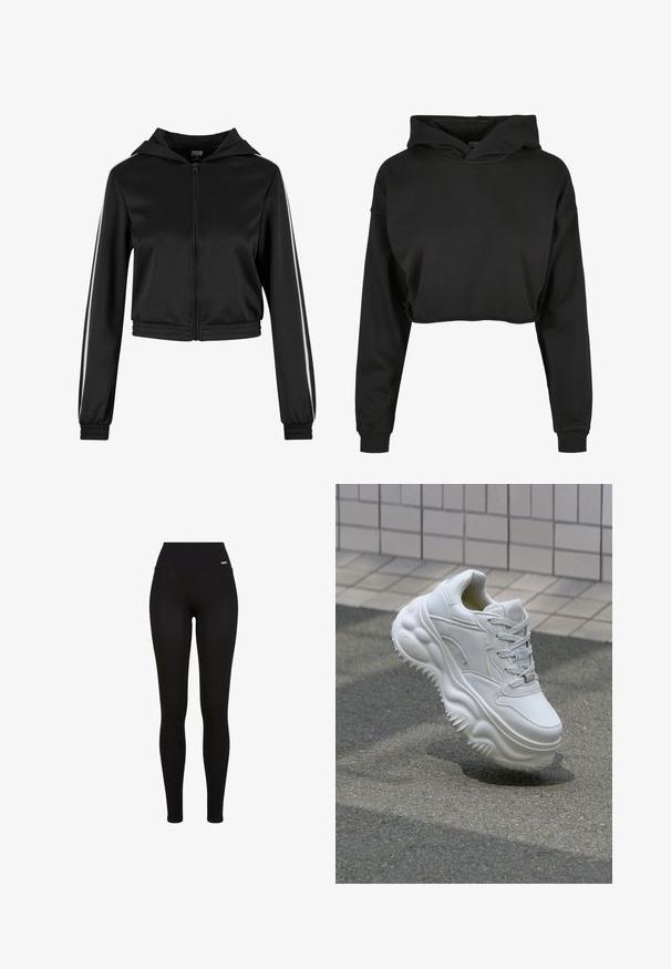 Μαύρο κοντό hoodie με φερμουάρ και κουκούλα, που διαθέτει ασημί λωρίδες στο πλάι και ελαστικά μανίκια, κατασκευασμένο από μια λεία, ελαφριά ύλη.; Μαύρο cropped hoodie από μαλακό ύφασμα με κουκούλα με κορδόνι, μακριά μανίκια και ριμπ τελειώματα, με καθαρό και απλό σχέδιο.; Μαύρα κολάν με ψηλή μέση, ελαστικό ύφασμα, ομαλή υφή και εφαρμοστή σχεδίαση, κατάλληλα για καθημερινή ή αθλητική χρήση.; Λευκό δερμάτινο αθλητικό παπούτσι με χοντρή σόλα, υφή στη λεπτομέρεια και κλείσιμο με κορδόνια. Διαθέτει μορφοποιημένα στοιχεία και λεία φινίρισμα.