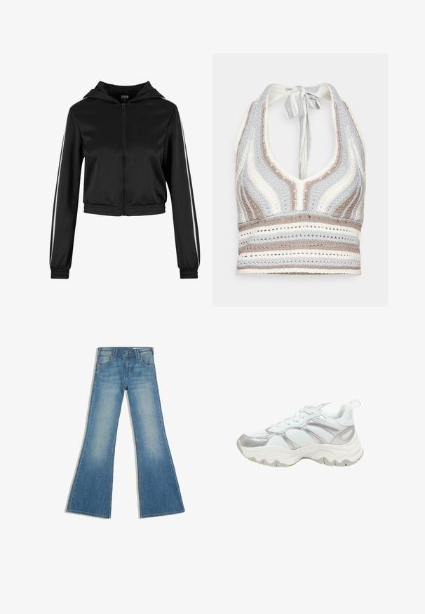 Sort lynlås cropped hoodie med hætte, med sølvfarvede side striber og elastiske manchetter, lavet af et glat, letvægtsstof.; Hæklet halterneck-top med lyseblå, beige og hvide striber, dyb V-halsudskæring og knyttet ryg. Åben vævet tekstur hele vejen igennem.; Blå denimjeans med flared ben, forlommer og knaplukning, vist mod en hvid baggrund.; Hvid og sølv atletiksneaker med kraftig sål, snørelukning og trækflig ved hælen, vist fra siden på hvid baggrund.