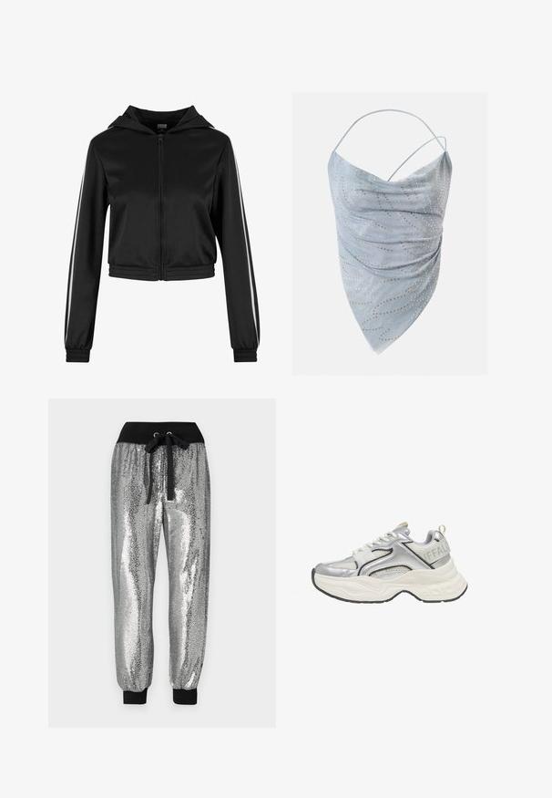 Zwarte cropped hoodie met rits en een capuchon, voorzien van zilveren zijstrepen en elastische manchetten, gemaakt van een gladde, lichte stof.; Lichtblauw asymmetrisch haltertop met dunne bandjes, voorzien van kleine goud- en zilverkleurige ronde studs in een verspreid patroon.; Zilveren sequined jogger broek met een zwarte elastische tailleband, koordjes en zwarte boorden bij de enkels voor een tapered fit.; Zilveren en witte chunky sneaker met mesh- en leren details, dikke witte zool, en "BUFFALO" branding op de hielband.