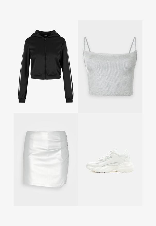 Zwarte cropped hoodie met rits en een capuchon, voorzien van zilveren zijstrepen en elastische manchetten, gemaakt van een gladde, lichte stof.; Zilverkleurige metallic gebreide crop top met dunne verstelbare bandjes. Strak model en gladde textuur. Geen patronen of zichtbare hardware details.; Even&Odd by Zalando Shorts - silver; Witte chunky sneaker met dikke zool, veters aan de voorkant en een glad bovenwerk van synthetisch materiaal met subtiele stikdetails.