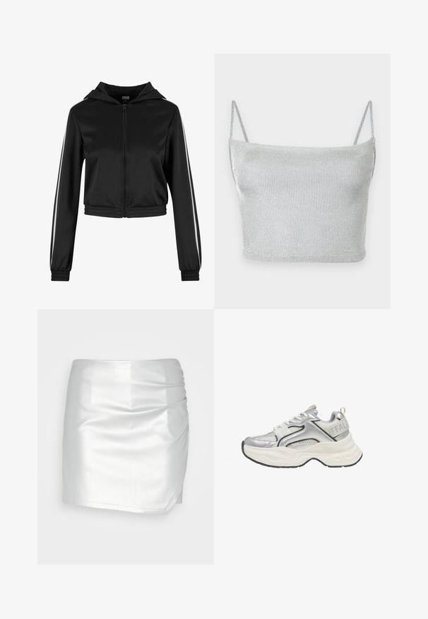 Sort lynlås cropped hoodie med hætte, med sølvfarvede side striber og elastiske manchetter, lavet af et glat, letvægtsstof.; Sølvmetallic strikket cropped top med tynde justerbare stropper. Tætsiddende design og glat tekstur. Ingen mønstre eller synlige hardware-detaljer.; Even&Odd by Zalando Shorts - silver; Sølv og hvid chunky sneaker med mesh- og læderdetaljer, tyk hvid sål og "BUFFALO" branding på hælkappen.