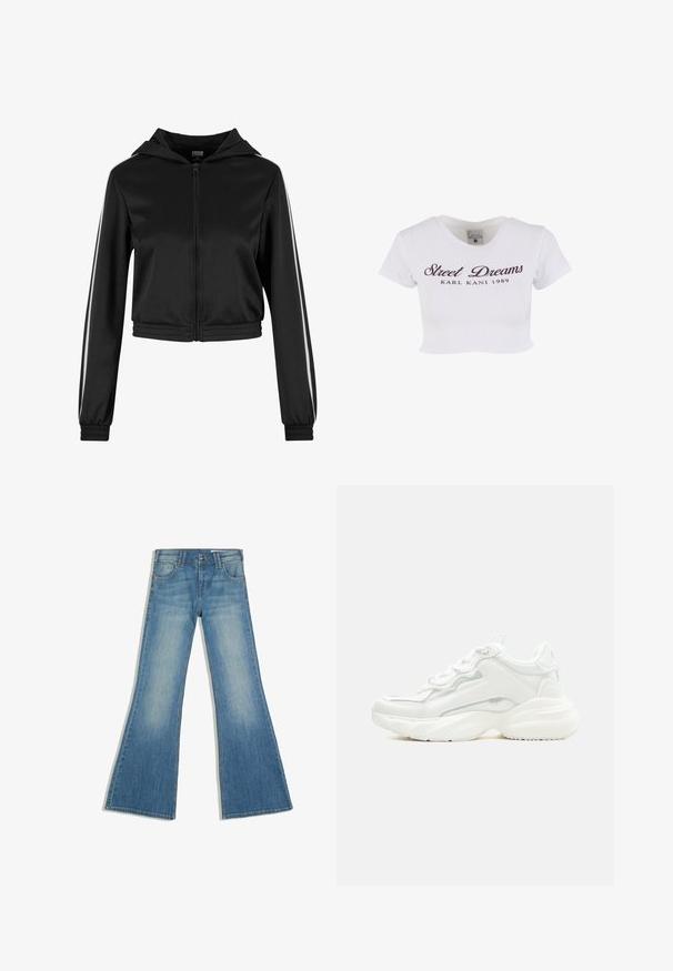 Schwarze, taillierte Kapuzenjacke mit Reißverschluss, ausgestattet mit silbernen Seitenstreifen und elastischen Bündchen, aus einem glatten, leichten Stoff gefertigt.; Weißes, kurz geschnittenes T-Shirt aus Baumwolle. Mit rundem Ausschnitt und kurzen Ärmeln sowie den Aufdrucken "Street Dreams" und "KARL KANI 1989" in Dunkellila.; Blaue Denim-Jeans mit ausgestelltem Bein, Vordertaschen und Knopfverschluss, gezeigt vor weißem Hintergrund.; Weißer klobiger Sneaker mit dicker Sohle, Schnürverschluss vorne und glattem, synthetischem Obermaterial mit dezenten Steppnähten.
