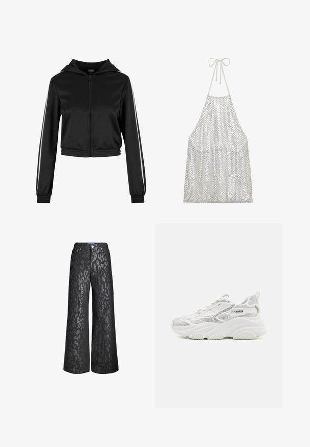 Sort lynlås cropped hoodie med hætte, med sølvfarvede side striber og elastiske manchetter, lavet af et glat, letvægtsstof.; Sølv palietforklæde med halterneck-bånd. Har en letvægtig stof dækket af små cirkulære palietter, der reflekterer lys og struktur.; Sorte vide benbukser med et dyreprintmønster i varierende nuancer af grå. Fremstillet af denim, med fem lommer og en lukning med frontknap.; Hvide atletiksneakers med en tekstureret sølvfarvet mesh-overdel og chunky hvid sål. Har branding på siden og en trækflap bagpå.