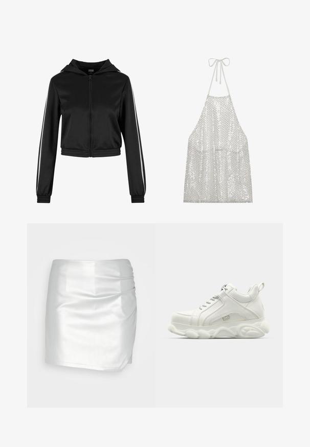 Sort lynlås cropped hoodie med hætte, med sølvfarvede side striber og elastiske manchetter, lavet af et glat, letvægtsstof.; Sølv palietforklæde med halterneck-bånd. Har en letvægtig stof dækket af små cirkulære palietter, der reflekterer lys og struktur.; Even&Odd Shorts - silver; Hvide atletiske sneakers med en glat læderoverdel, rund sål og tekstureret accent. Har snørebånd og en slippe-strop bagpå.