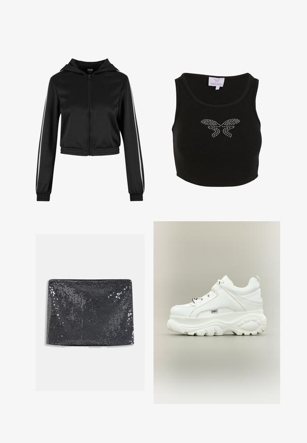 Sort lynlås cropped hoodie med hætte, med sølvfarvede side striber og elastiske manchetter, lavet af et glat, letvægtsstof.; Sort ribbet crop top med en tætsiddende pasform, med et sommerfuglmotiv lavet af rhinsten på forsiden. Inkluderer et mærke med brandnavnet.; Sort clutchtaske med pailletter i rektangulær form, med en glat tekstur og reflekterende pailletter, der dækker overfladen for ekstra glans.; Hvid platformsneaker med tyk klodset sål, snørebånd foran og Buffalo-brandlogo på siden, vist fra ydersiden.