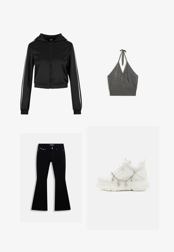 Sort lynlås cropped hoodie med hætte, med sølvfarvede side striber og elastiske manchetter, lavet af et glat, letvægtsstof.; Grå halterneck strikket croptop med omslag foran og bred ribbet kant på hvid baggrund.; Sorte flared jeans med fem-lomme-design, sølvknap og nitter samt et Juicy Couture-mærke på linningen og møntlommen.; Hvide sneakers med en kraftig sål, tekstureret læderoverdel og dekorativ metal kæde med charms. Har snørebåndslukning og polstret krave.