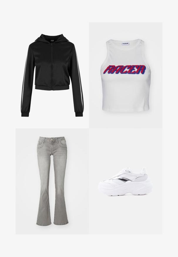 Sort lynlås cropped hoodie med hætte, med sølvfarvede side striber og elastiske manchetter, lavet af et glat, letvægtsstof.; Hvid ribbet cropped tanktop med ordet "RACER" i fed rød og blå skrift over forsiden.; Grå flagrende jeans med en middelhøj talje, frontlommer og knaplukning, lavet af denimstof med en glat tekstur.; Hvid chunky sneaker med mesh og læder øvre, tyk sål, metalisk sølvdetalje og "Karl Lagerfeld" branding på siden.