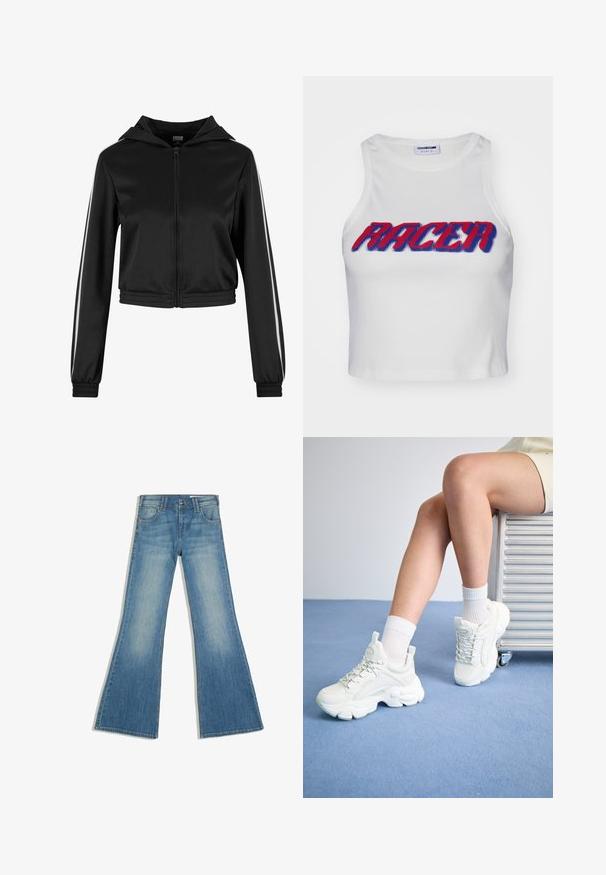 Schwarze, taillierte Kapuzenjacke mit Reißverschluss, ausgestattet mit silbernen Seitenstreifen und elastischen Bündchen, aus einem glatten, leichten Stoff gefertigt.; Weißes, geripptes, gekürztes Tanktop mit dem Wort "RACER" in fettem roten und blauen Schriftzug auf der Vorderseite.; Blaue Denim-Jeans mit ausgestelltem Bein, Vordertaschen und Knopfverschluss, gezeigt vor weißem Hintergrund.; Weiße Schnürsneaker mit einer dicken Sohle, aus glattem Synthetikmaterial, mit strukturierten Akzenten und einer Schlaufe an der Ferse.