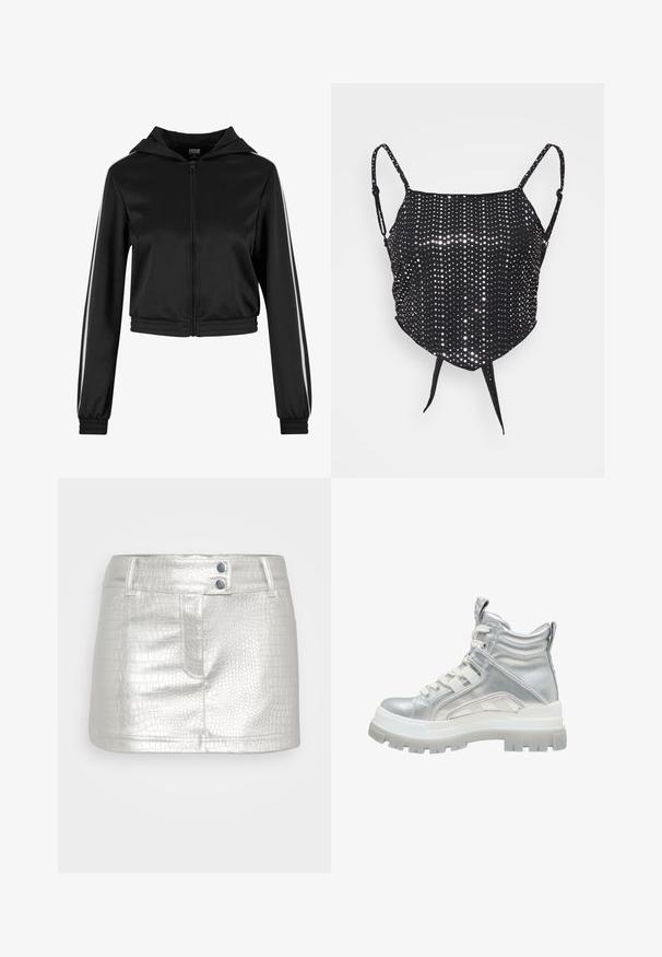 Sort lynlås cropped hoodie med hætte, med sølvfarvede side striber og elastiske manchetter, lavet af et glat, letvægtsstof.; Neon & Nylon RICCA STRAP SCARF - Top - black silver; Sølvfarvet, kunstlæder nederdel med et tekstureret krokodillemønster, der har to blå knapdetaljer og en tætsiddende pasform.; Sølvmetallic høj-top støvle med tyk hvid lug sål, snørebånd foran og polstret ankelkrave på en hvid baggrund.