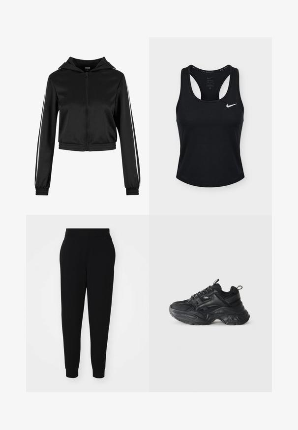 Zwarte cropped hoodie met rits en een capuchon, voorzien van zilveren zijstrepen en elastische manchetten, gemaakt van een gladde, lichte stof.; Zwarte Nike Dri-FIT mouwloze hardlooptanktop met racerback en wit Nike swoosh-logo op de linkerborst.; Zwarte joggerbroek van zacht materiaal, met een toelopende pijp, elastische tailleband en geribde boorden met zijnaad voor een verfijnde uitstraling.; Zwarte sneaker met een gestructureerde mesh bovenkant, ronde neus, dikke rubberen zool en vetersluiting. Beschikt over een treklabel op de hiel.
