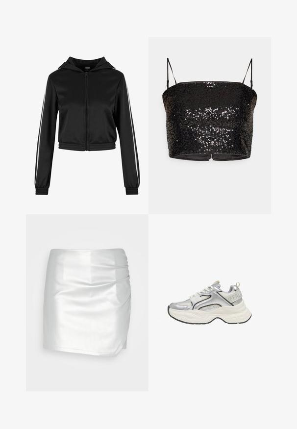 Schwarze, taillierte Kapuzenjacke mit Reißverschluss, ausgestattet mit silbernen Seitenstreifen und elastischen Bündchen, aus einem glatten, leichten Stoff gefertigt.; Schwarzes Pailletten-Crop-Top mit dünnen, verstellbaren Trägern, das eine taillierte Passform und einen Reißverschluss auf der Rückseite aufweist. Glatte innere Fütterung.; Even&Odd Shorts - silver; Silberner und weißer klobiger Sneaker mit Mesh- und Lederdetails, dicker weißer Sohle und "BUFFALO"-Logo am Fersenriemen.