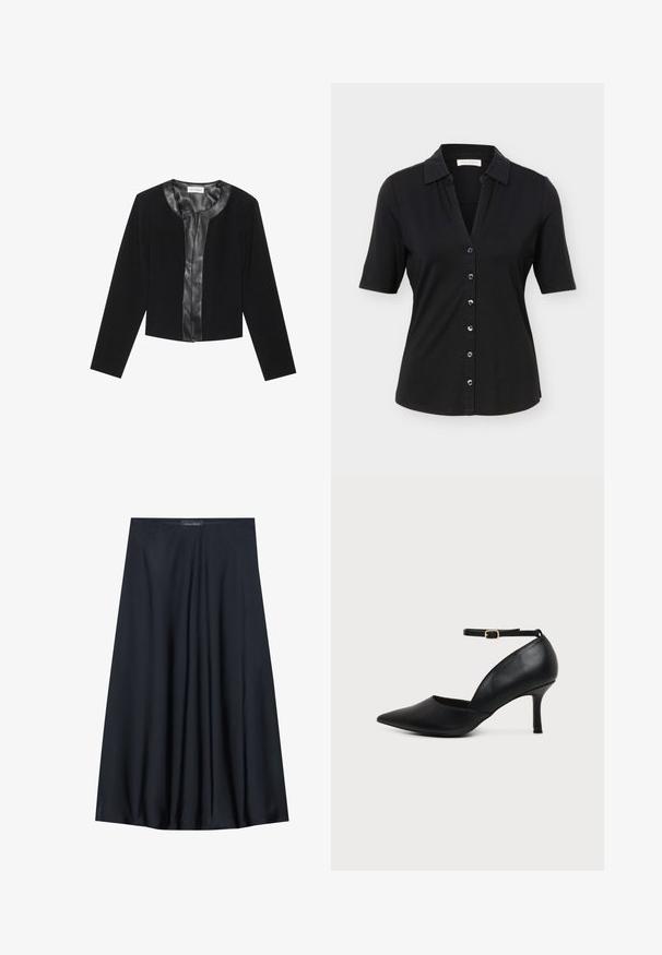 Veste noire courte avec des manches longues, présentant un panneau avant en cuir lisse et un corps en tissu texturé. Encolure ronde, sans fermetures.; Chemise noire à manches courtes avec col, six boutons sur le devant, et une silhouette légèrement cintrée.; Jupe noire, arrivant aux genoux, en tissu léger avec un design fluide. Présente une texture lisse et de subtils plis pour un détail supplémentaire.; Chaussure en cuir noir à bout pointu avec talon kitten, bride à la cheville et boucle dorée sur fond neutre.