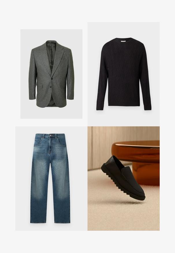 Blazer gris con rayas diplomáticas que presenta solapa de muesca, dos botones y dos bolsillos frontales. El interior está forrado con una tela oscura.; Suéter negro de manga larga con patrón de punto en forma de chevron y puños y dobladillo acanalados, con cuello redondo, presentado sobre un fondo blanco liso.; Vaqueros azules de pierna recta con parte delantera descolorida, cinco bolsillos, trabillas para cinturón, cierre de botón y bragueta con cremallera.; Zapato negro sin cordones con suela gruesa estriada flotando sobre una alfombra beige frente a una mesa redonda de color ámbar.