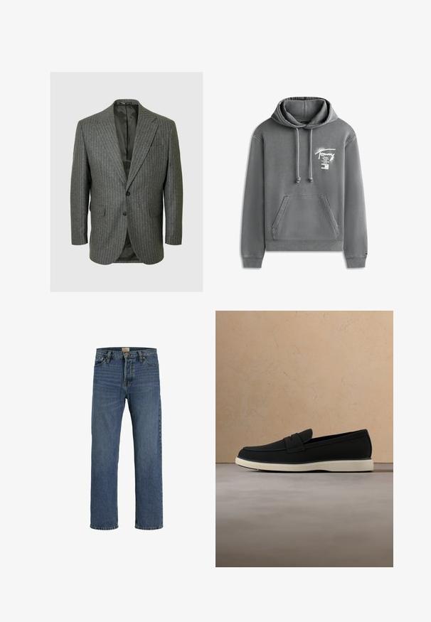 Blazer gris con rayas diplomáticas que presenta solapa de muesca, dos botones y dos bolsillos frontales. El interior está forrado con una tela oscura.; Sudadera gris con capucha, bolsillo delantero y cordones, con texto blanco y nombres de ciudades impresos en el pecho izquierdo.; Jeans de denim azul con un diseño de pierna recta, que cuentan con un cierre de botón, cinco bolsillos y un uso mínimo para un aspecto clásico.; Mocasín negro sin cordones con suela blanca, colocado sobre una alfombra beige con un fondo de sofá a juego.