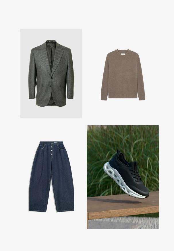 Grijze pinstripe blazer met een gelapt revers, twee knopen en twee voorkruimelzakken. De binnenzijde is gevoerd met een donkere stof.; Crewneck trui in een neutrale bruine kleur, met een textuur gebreide stof, lange mouwen en geribde boorden en zoom.; Donkerblauwe denim brede broek met een hoge taille, vijfknopen sluiting en vijf zakken. Heeft stiksels op de naden.; Zwart sportief schoen met witte geventileerde zool zweeft boven een houten bankje, met hoge groene gras op de achtergrond.