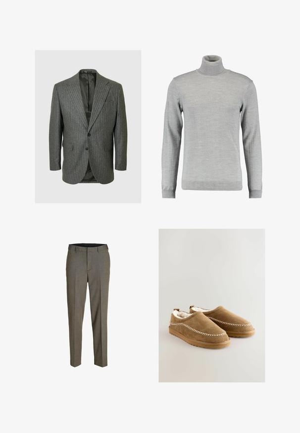Grijze pinstripe blazer met een gelapt revers, twee knopen en twee voorkruimelzakken. De binnenzijde is gevoerd met een donkere stof.; Lichtgrijze coltrui gemaakt van zachte stof, met lange mouwen, geribbelde manchetten en hals, met een gladde textuur en een klassieke snit.; Grijze op maat gemaakte broek met een fijne geweven textuur, plat front, twee plooien en een rechte pasvorm. Beschikt over riemlussen en zakken.; Tan suède instapchoenen met zachte kunstbontvoering, decoratieve witte stiksels langs de zijkanten en antislip rubberen zolen.