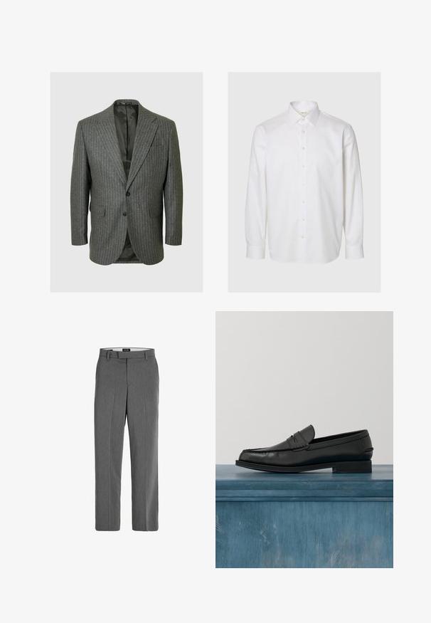 Grå stribede blazer med spidse lapeller, to knapper og to forlommer. Indersiden er foret med et mørkt stof.; Hvid langærmet skjorte lavet af bomuld, med klassisk krave, knapper foran og knapper ved manchetterne. Glat tekstur uden synlige mønstre.; Grå bukser med en glat tekstur, lige ben-design og subtilt lodret mønster. Har remsløjfer samt for- og baglommer.; Sorte læderloafers med et slankt design, der har syning ved tåen og en glat finish. Skoen har en lav hæl og minimal udsmykning.