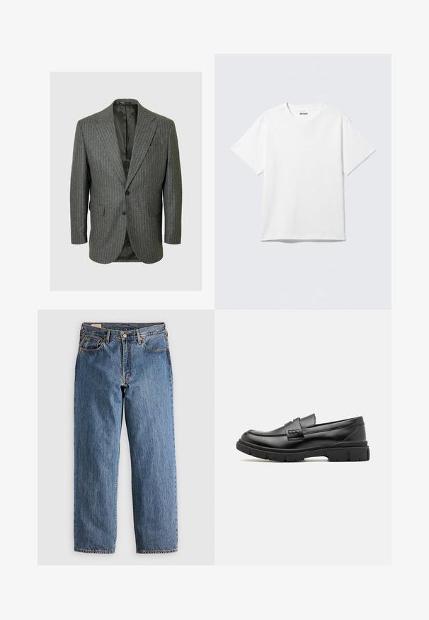 Grå stribede blazer med spidse lapeller, to knapper og to forlommer. Indersiden er foret med et mørkt stof.; Hvid kortærmet crewneck T-shirt lagt fladt ud, ensfarvet design, med "WEEKDAY" mærkat inde i kraven på en lys baggrund.; Blå denimjeans med lige snit, der har høj talje, kobbernitter og orange syninger. Foran og bagpå er der lommer.; Sort læder loafersko med en bred rem over forfoden, gummisål med tykke mønstre og glat overflade. Klassisk, slankt design.